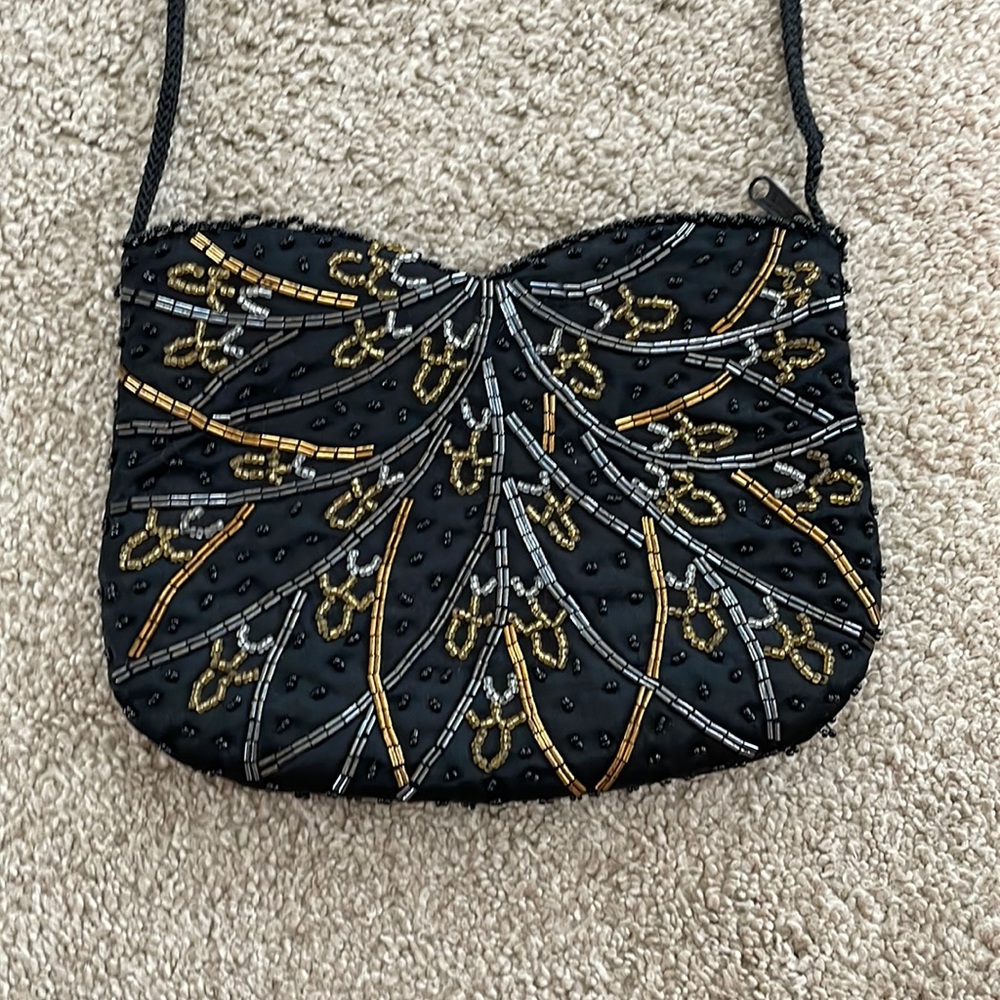 Vintage Beaded Black Clutch Purse, Evening Bag, Satin Lining